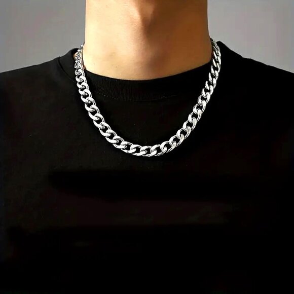 Men's Chunky Necklace Silver Punk Goth Emo Stainless Steel Cuban Chain Unisex - Picture 1 of 2